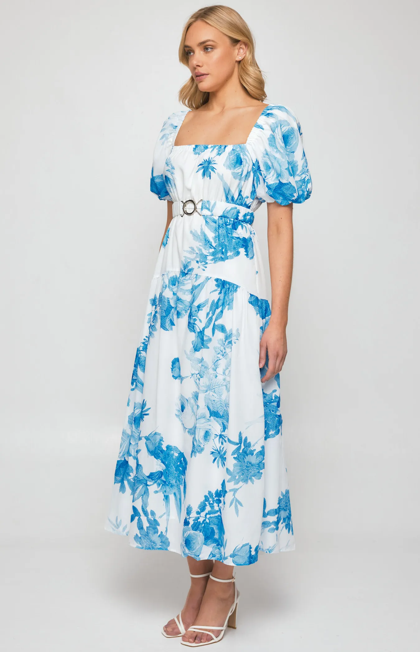 Floral Midi Dress with Metal Clasp Feature Belt (SDR1239A)