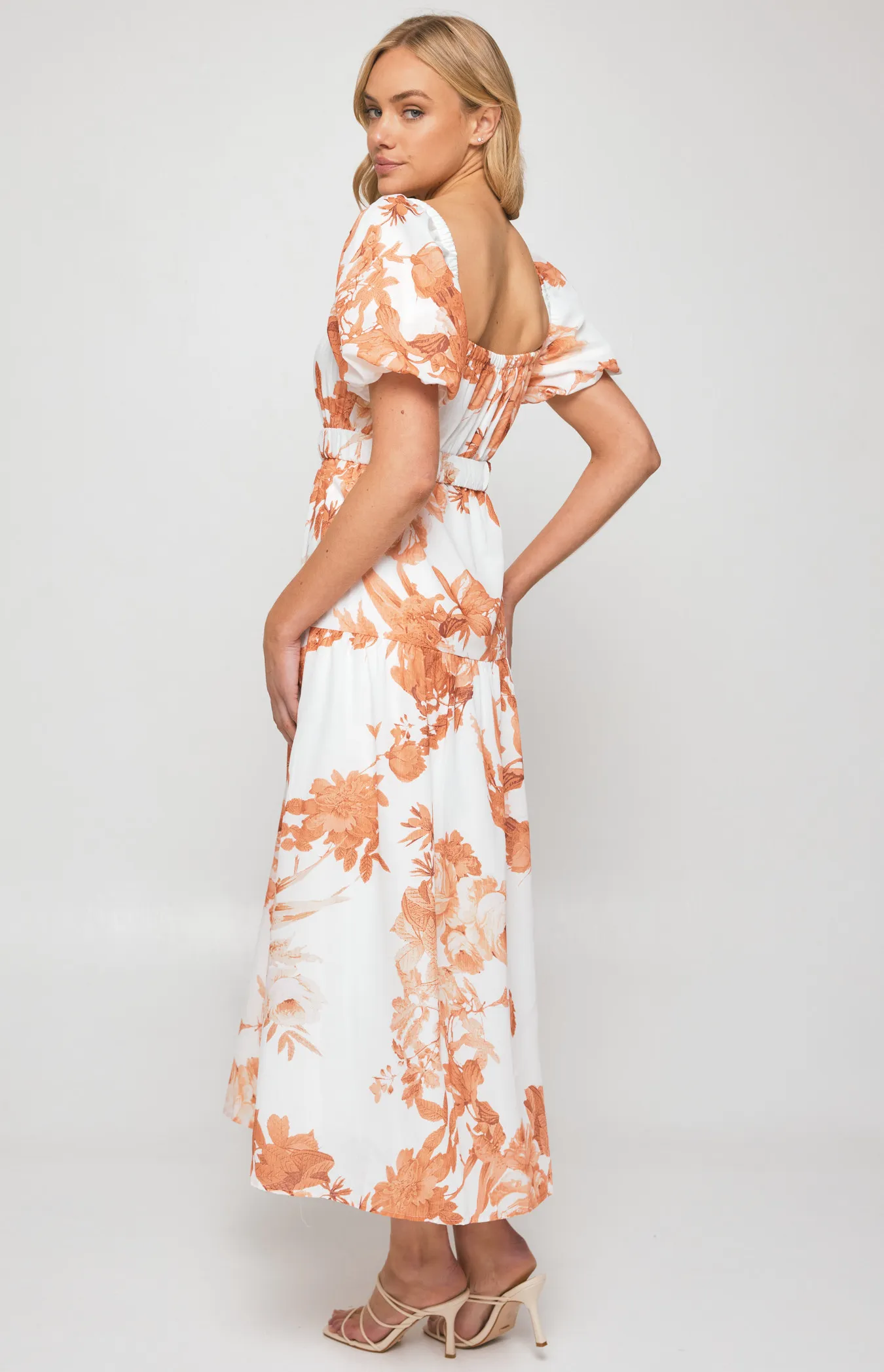 Floral Midi Dress with Metal Clasp Feature Belt (SDR1239A)