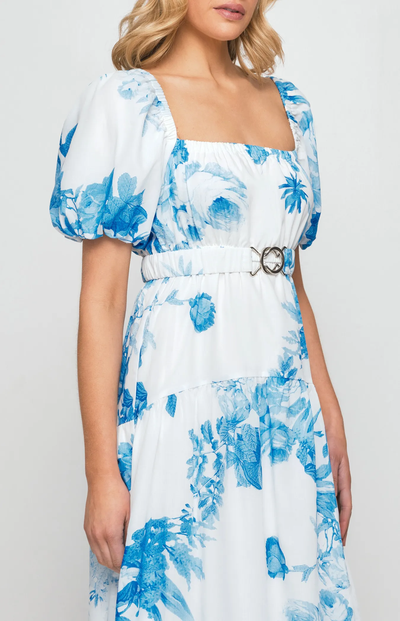 Floral Midi Dress with Metal Clasp Feature Belt (SDR1239A)