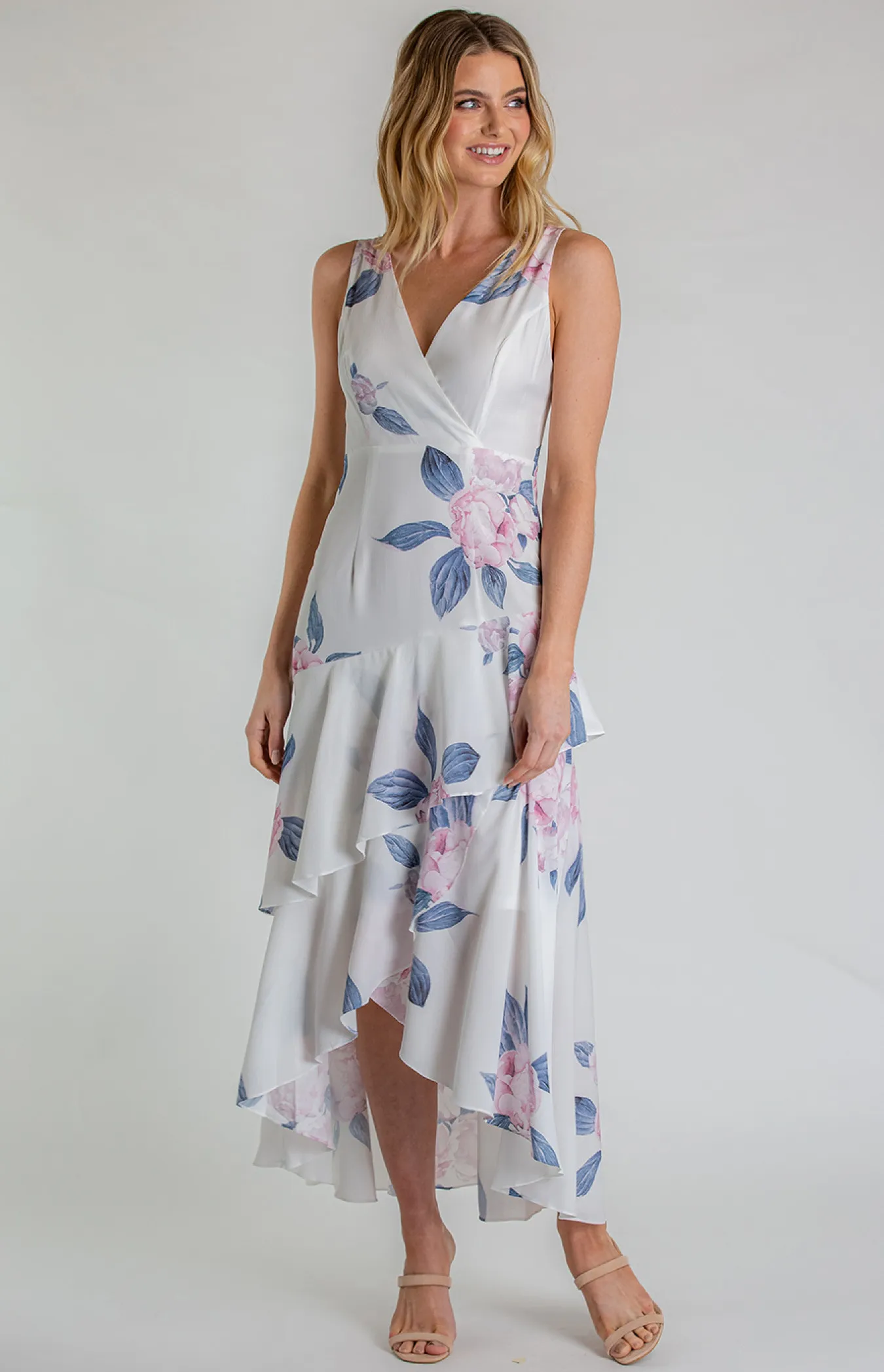 Floral V-Neckline Dress with Layered Waterfall Hem (SDR565A) 