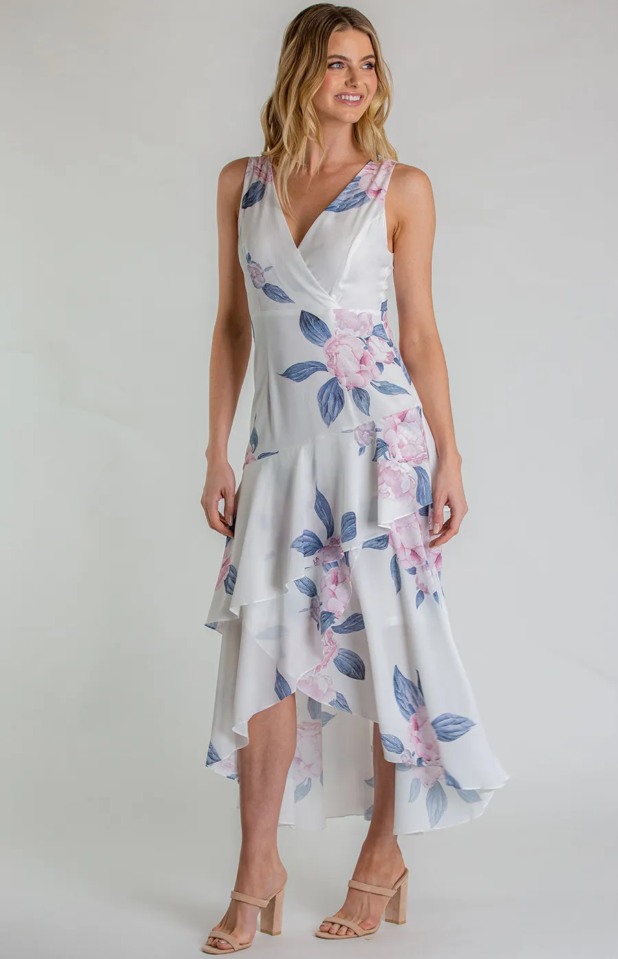 Floral V-Neckline Dress with Layered Waterfall Hem (SDR565A) 