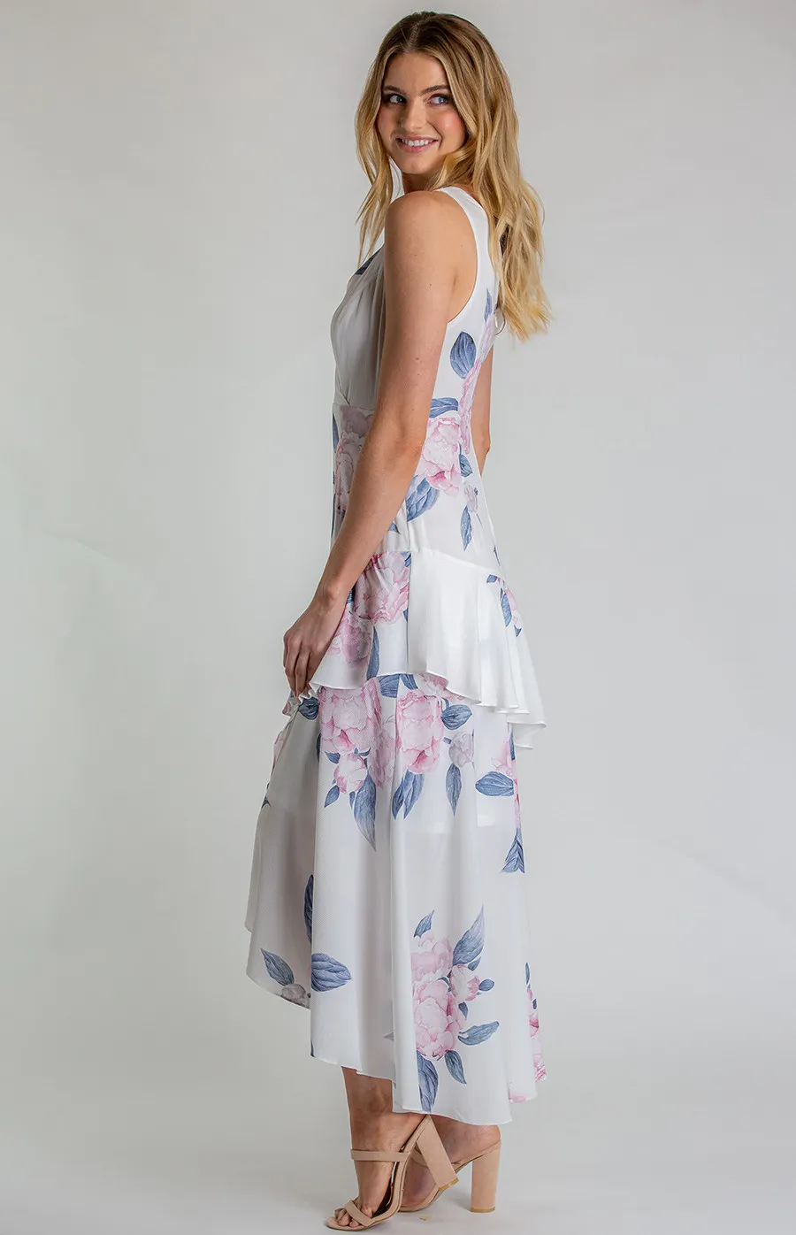 Floral V-Neckline Dress with Layered Waterfall Hem (SDR565A) 