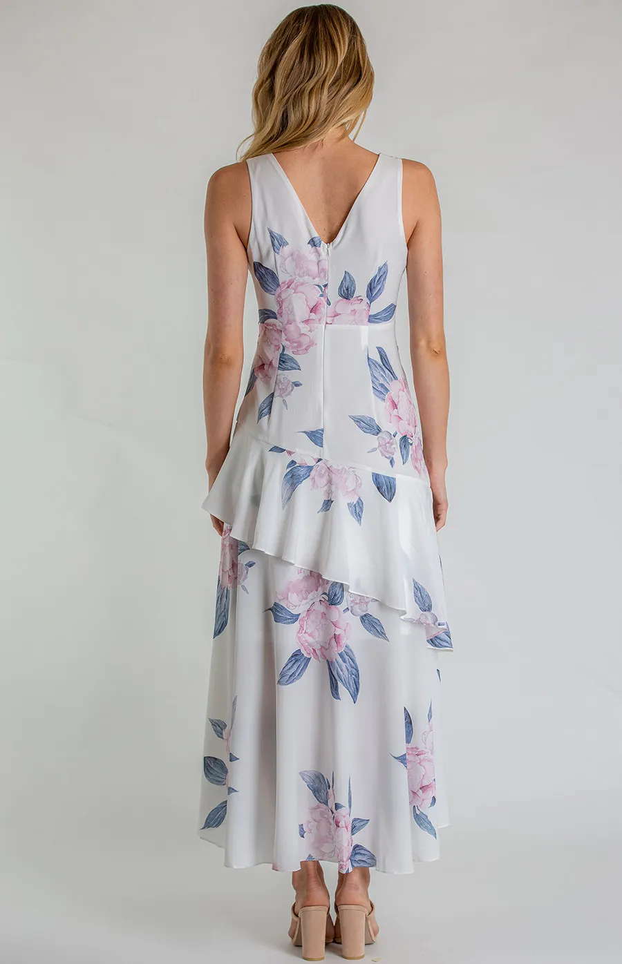 Floral V-Neckline Dress with Layered Waterfall Hem (SDR565A) 