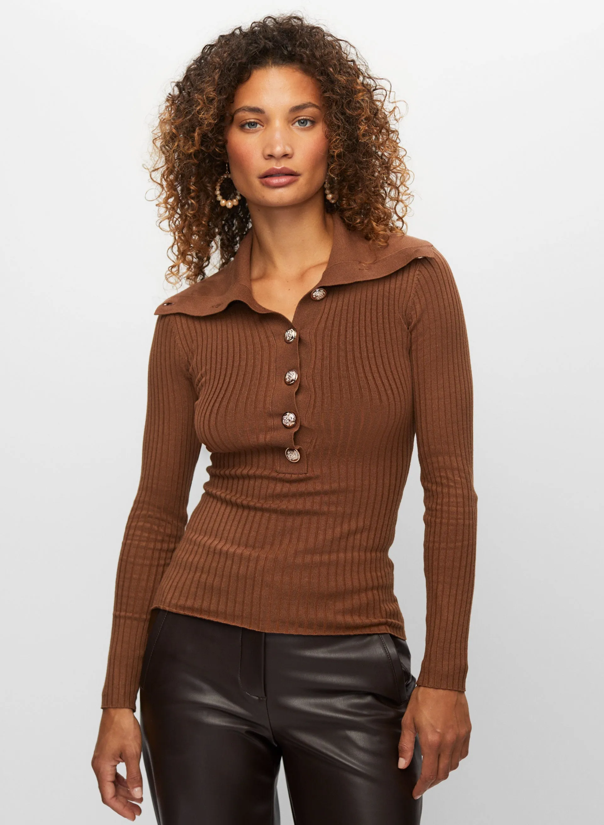 Gold Button Rib Knit Sweater