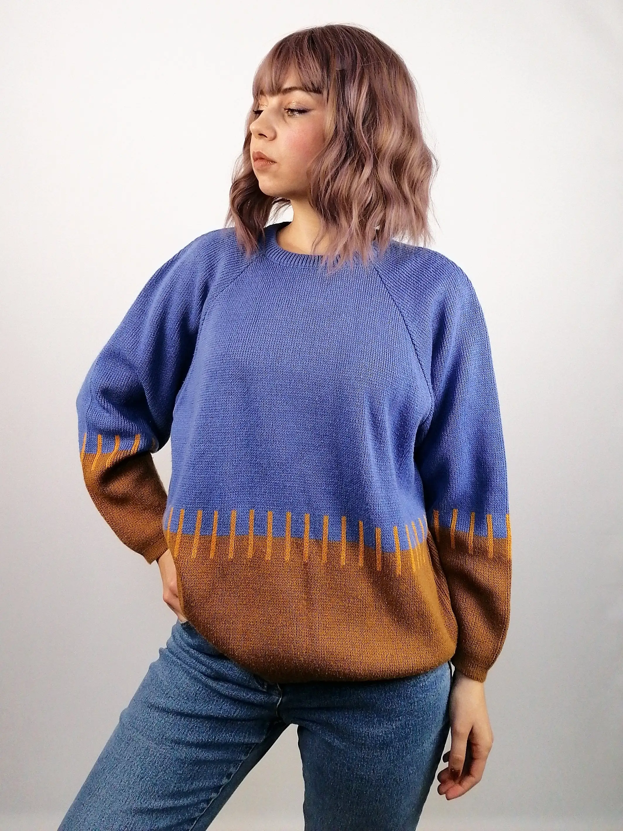 Graphic Pattern Knit Sweater Blue and Burnt Orange - size S-M