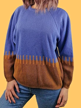 Graphic Pattern Knit Sweater Blue and Burnt Orange - size S-M