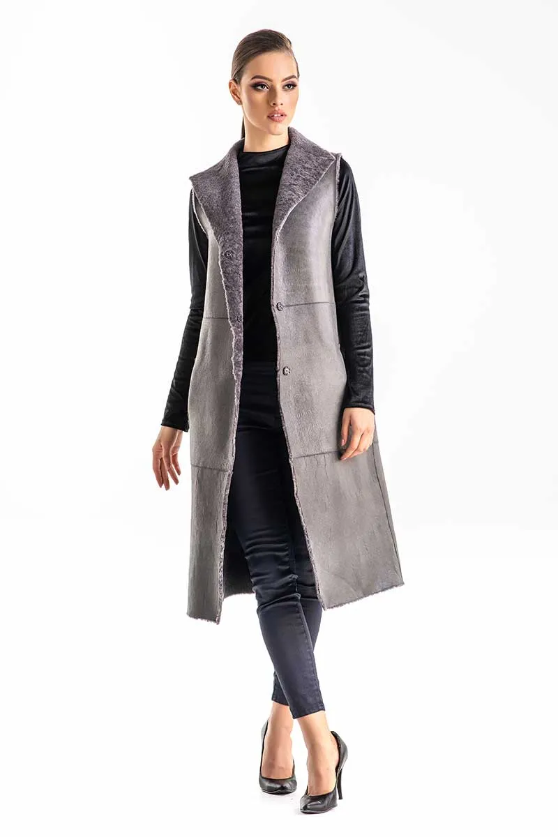 Gray Double Face Geniune Nappa Lamb Leather Mouton Long Fur Vest