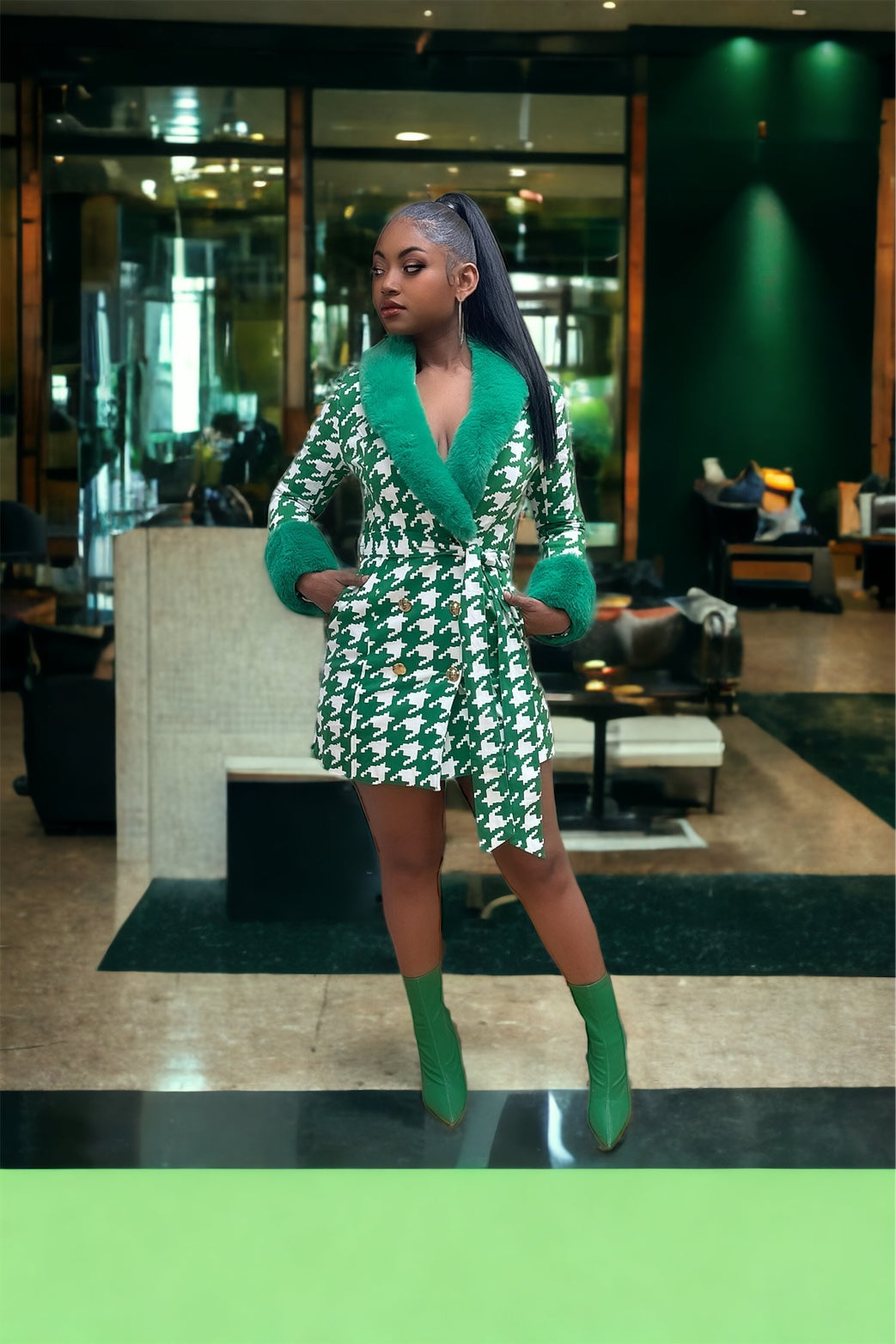 Hound Print Dress/Coat ( Green)