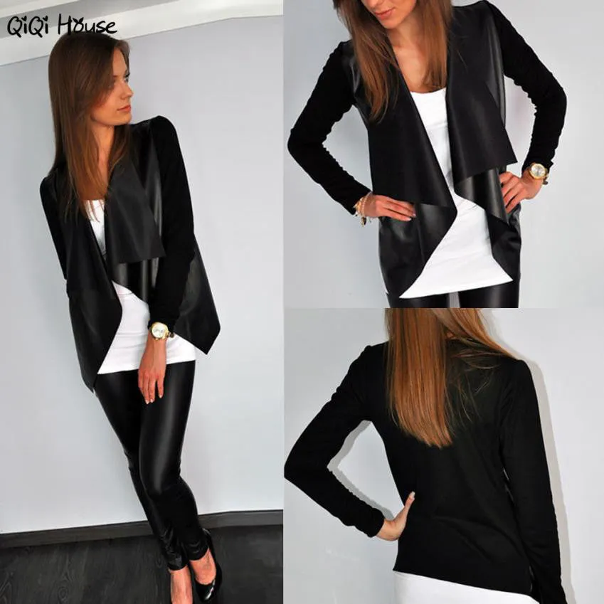 Jaket Women Black Leather Cardigan Outwear Autumn Casual Loose Jacket Long Sleeve Coat Cardigan Feminino#C127 SM6