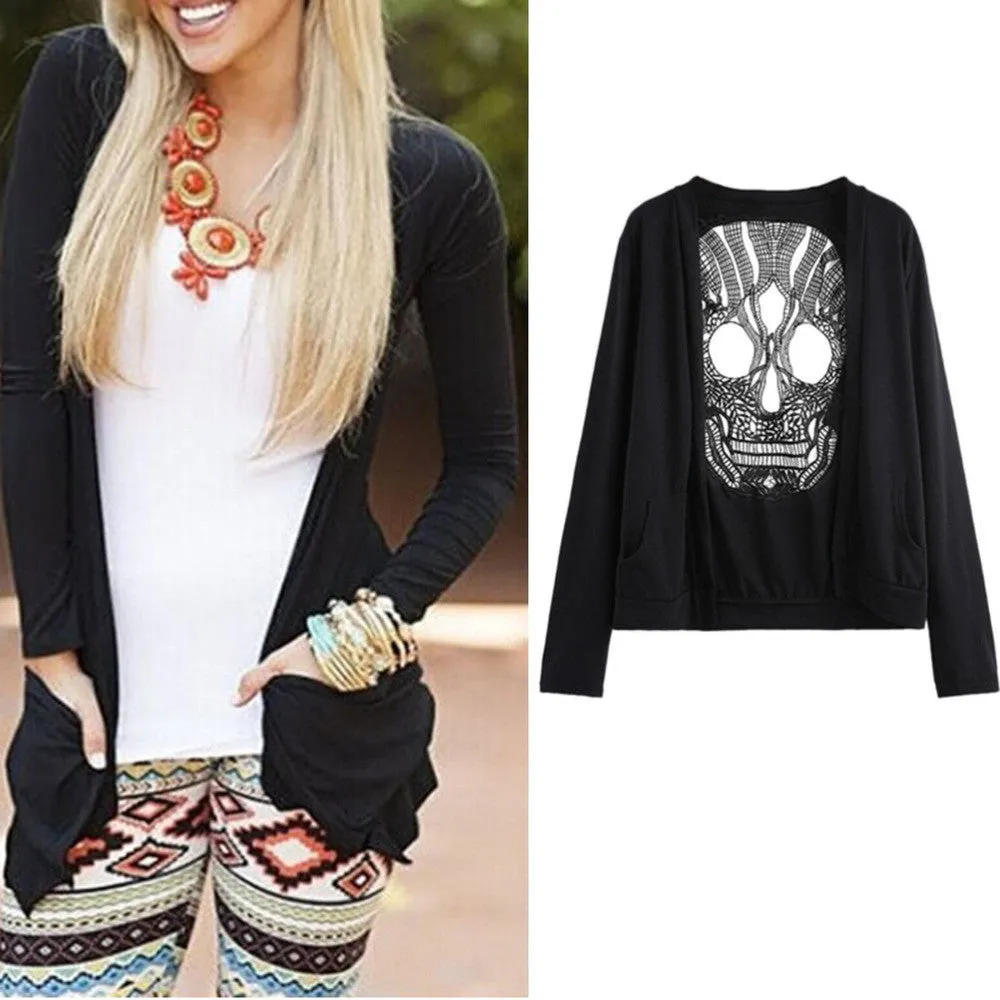 Long Sleeve Hollow Oversized Skull Pattern Cardigan Women Blouse Sexy Backless Crochet Lace Long Cardigans Jacket SM6