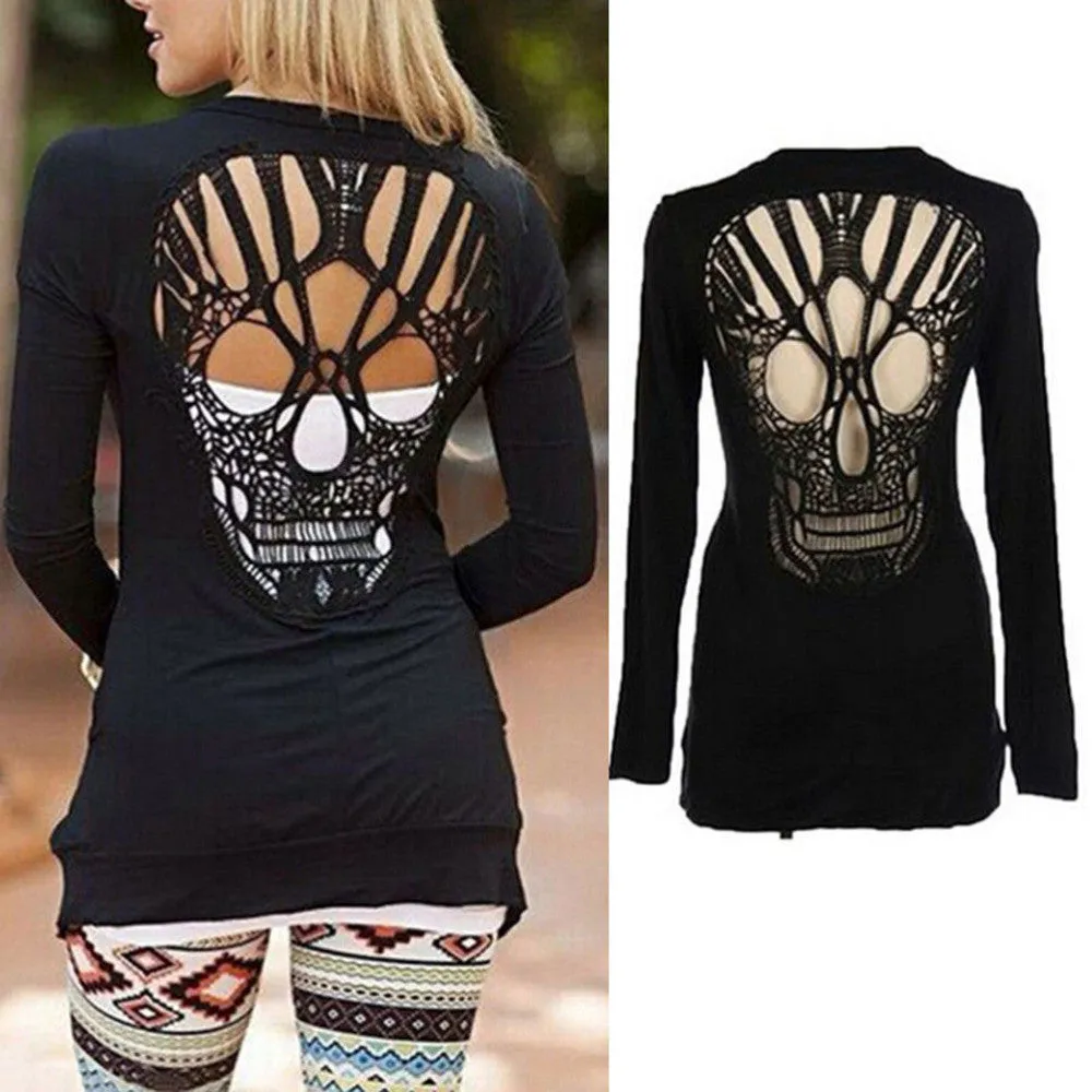 Long Sleeve Hollow Oversized Skull Pattern Cardigan Women Blouse Sexy Backless Crochet Lace Long Cardigans Jacket SM6