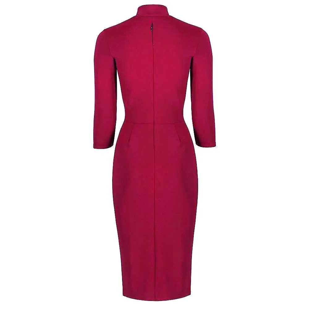 Magenta 3/4 Sleeve Tie Neck Bodycon Pencil Dress