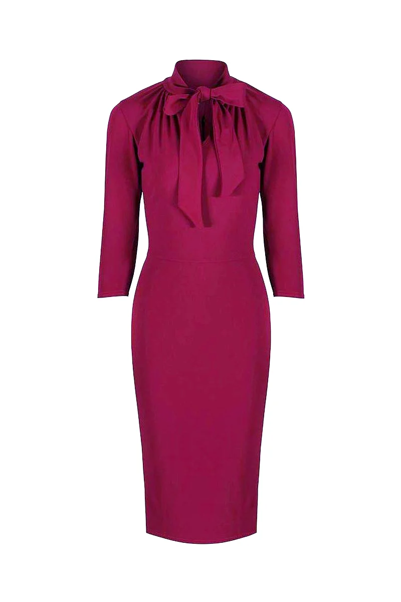 Magenta 3/4 Sleeve Tie Neck Bodycon Pencil Dress