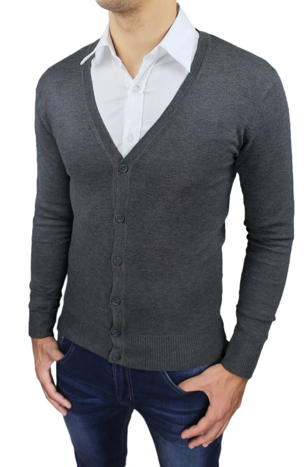 MAGLIONE CARDIGAN UOMO SLIM FIT GRIGIO SCURO GOLF MAGLIA CON BOTTONI da M a XXXL