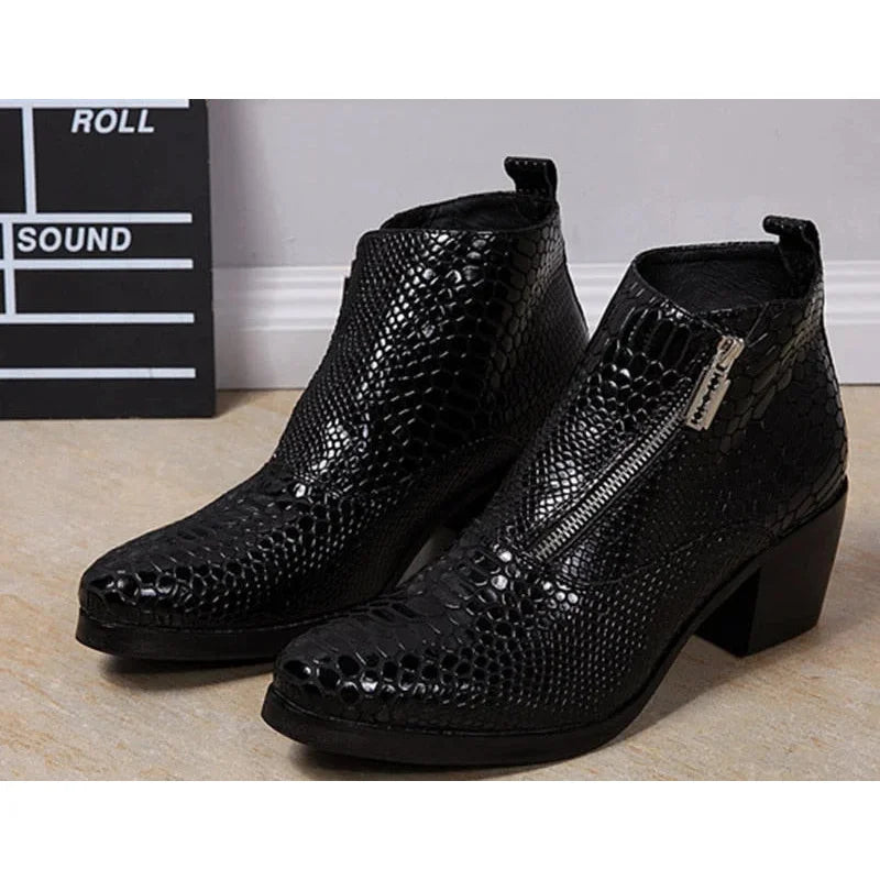 Men's British Style Genuine Leather Round Toe Square High Heel Boots