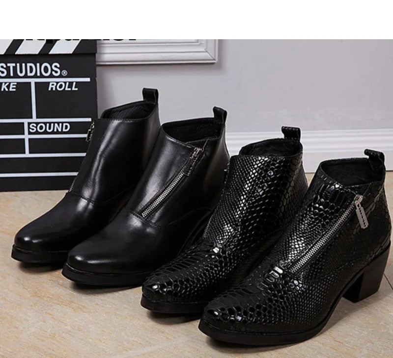 Men's British Style Genuine Leather Round Toe Square High Heel Boots