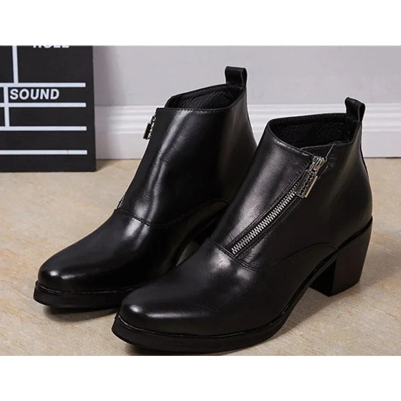 Men's British Style Genuine Leather Round Toe Square High Heel Boots