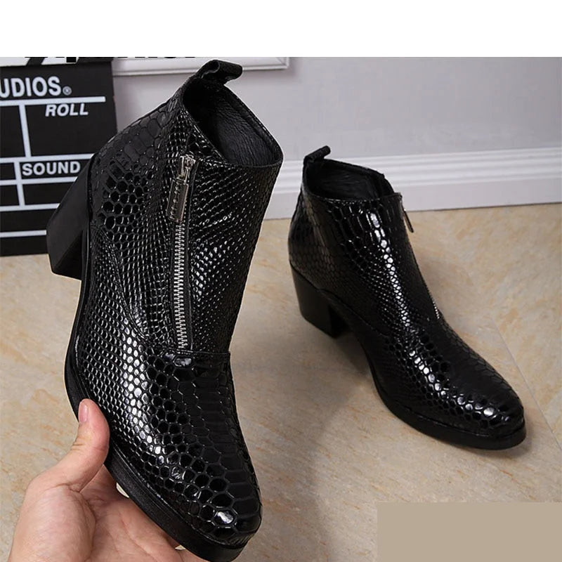 Men's British Style Genuine Leather Round Toe Square High Heel Boots