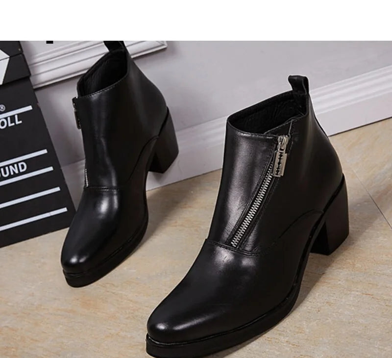 Men's British Style Genuine Leather Round Toe Square High Heel Boots