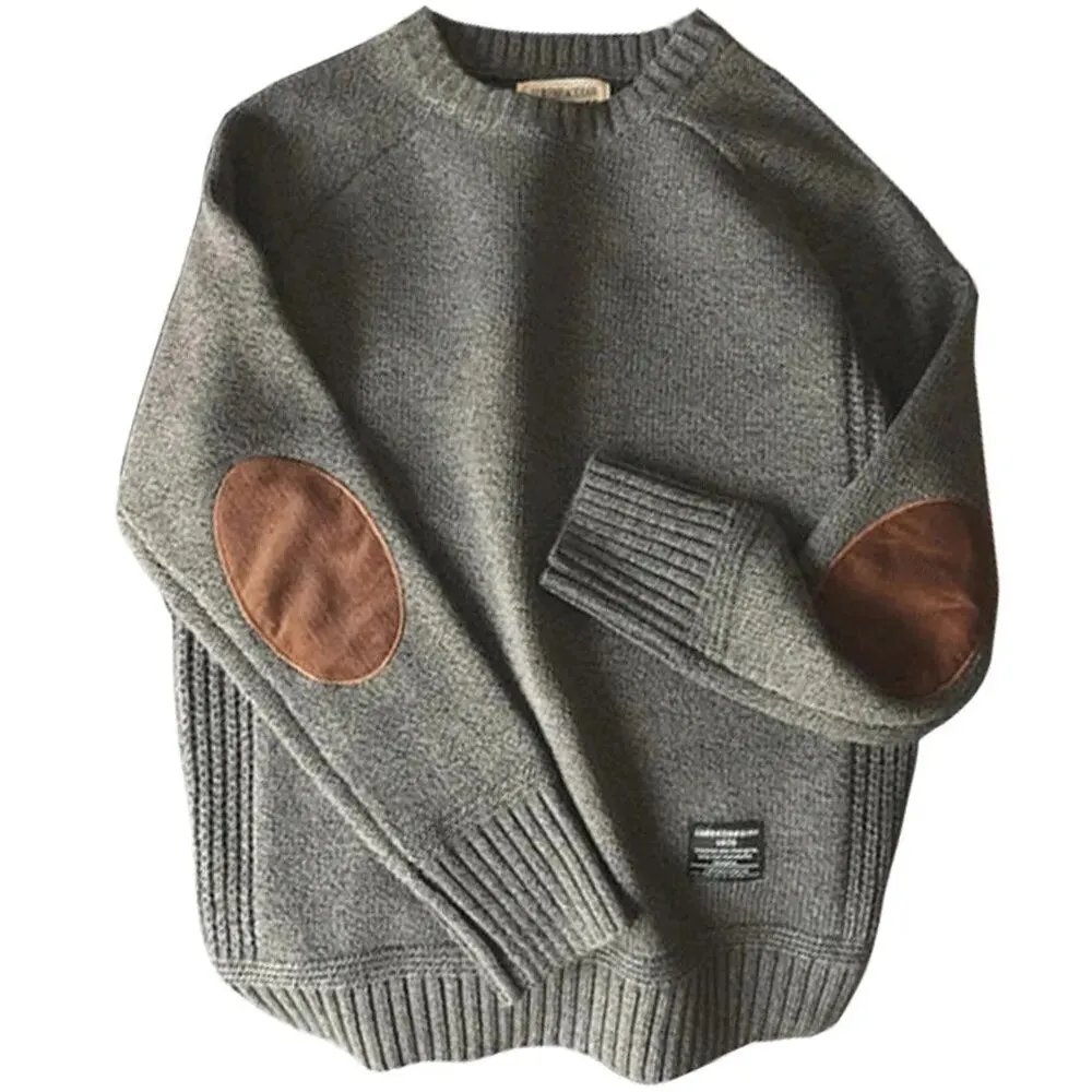 Mens Classic Crew Neck Pull Over Sweaters with Elbow Patch