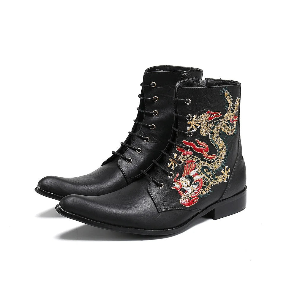 Men's Luxury Handmade Embroidery Black Leather Pointed Toe Ankle Boots