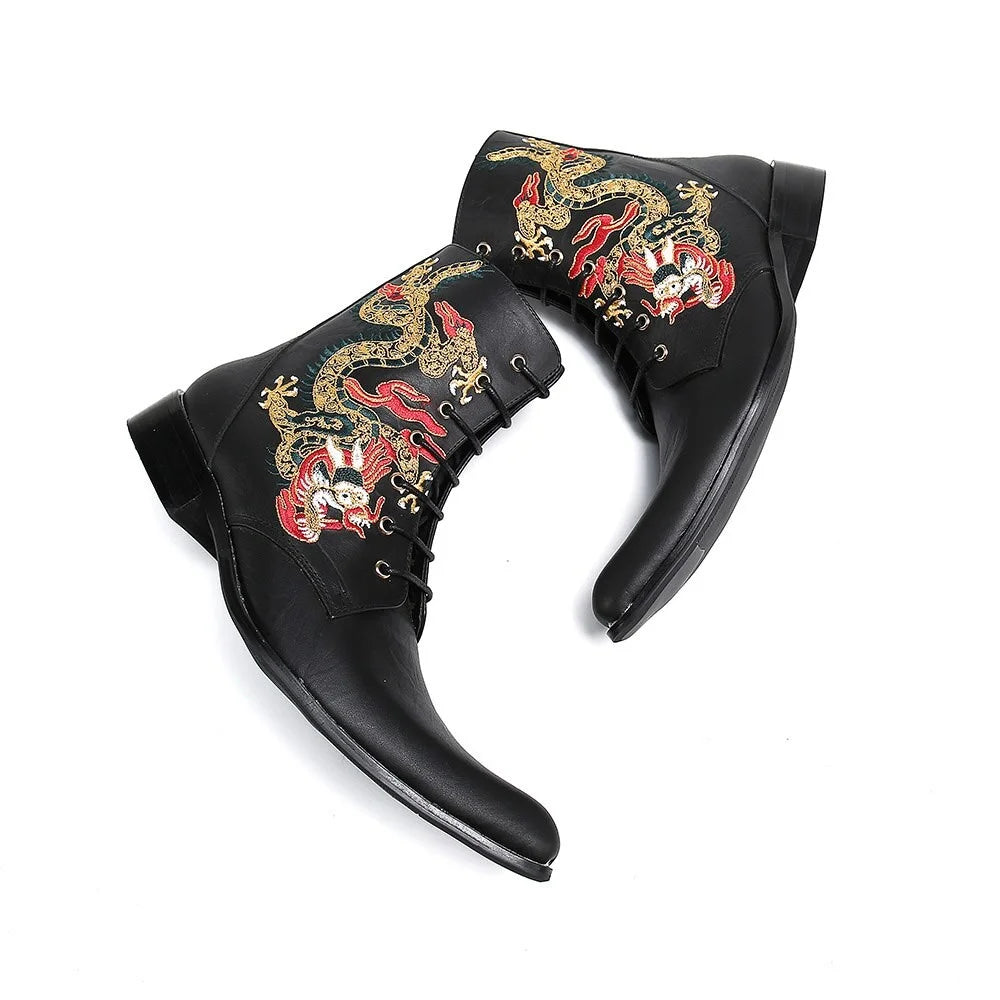 Men's Luxury Handmade Embroidery Black Leather Pointed Toe Ankle Boots