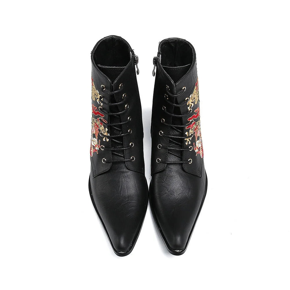 Men's Luxury Handmade Embroidery Black Leather Pointed Toe Ankle Boots