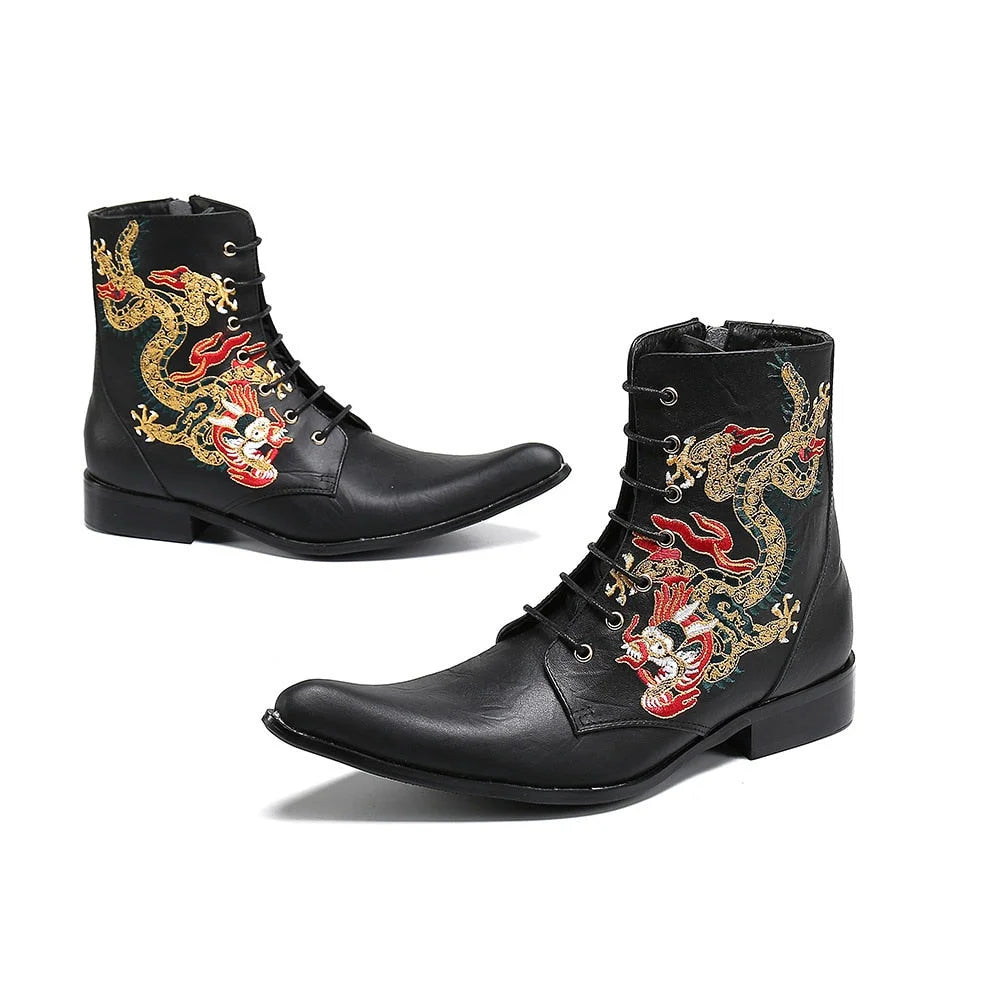 Men's Luxury Handmade Embroidery Black Leather Pointed Toe Ankle Boots