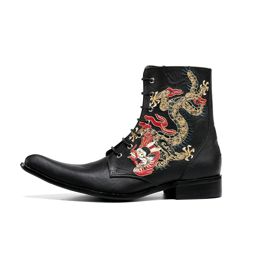 Men's Luxury Handmade Embroidery Black Leather Pointed Toe Ankle Boots