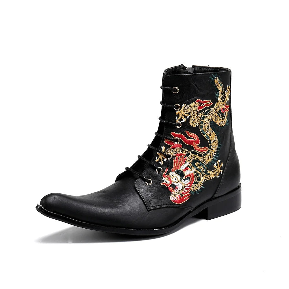 Men's Luxury Handmade Embroidery Black Leather Pointed Toe Ankle Boots