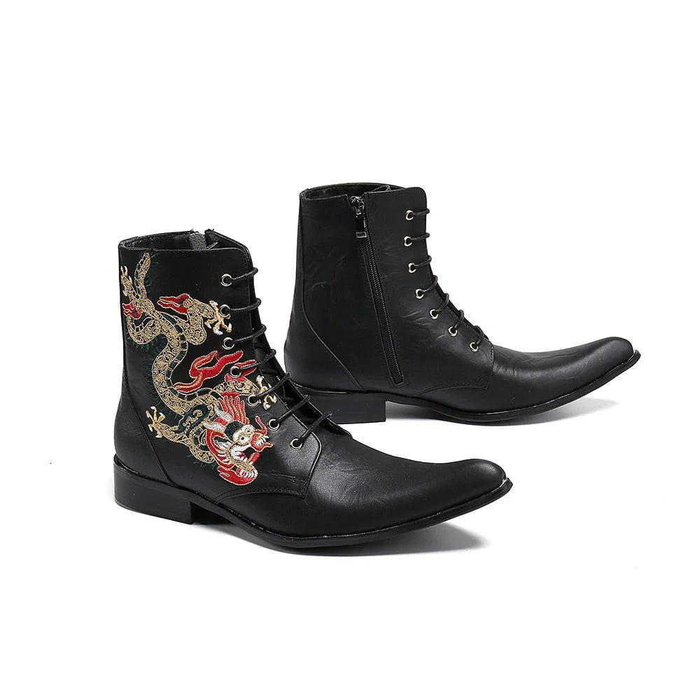 Men's Luxury Handmade Embroidery Black Leather Pointed Toe Ankle Boots