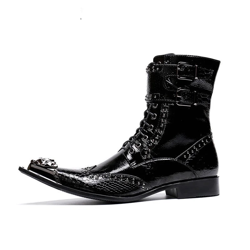 Men's Western Black Pointed Metal Tip Buckles Military Motorcycle Boots