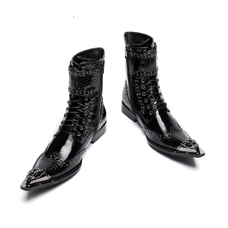 Men's Western Black Pointed Metal Tip Buckles Military Motorcycle Boots