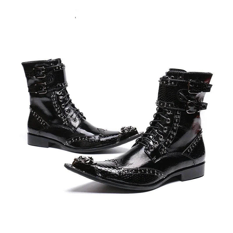 Men's Western Black Pointed Metal Tip Buckles Military Motorcycle Boots