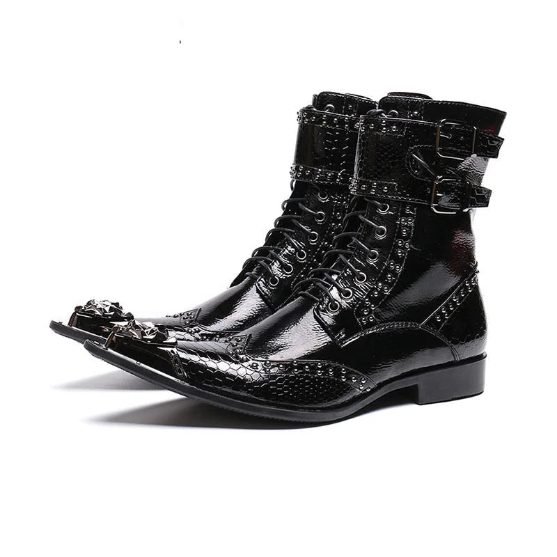 Men's Western Black Pointed Metal Tip Buckles Military Motorcycle Boots