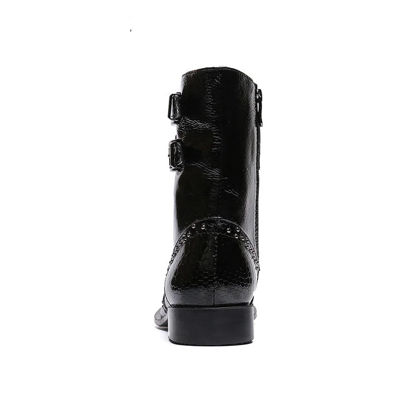 Men's Western Black Pointed Metal Tip Buckles Military Motorcycle Boots