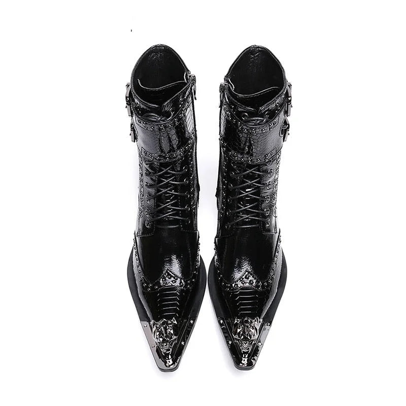 Men's Western Black Pointed Metal Tip Buckles Military Motorcycle Boots