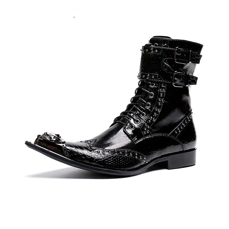 Men's Western Black Pointed Metal Tip Buckles Military Motorcycle Boots