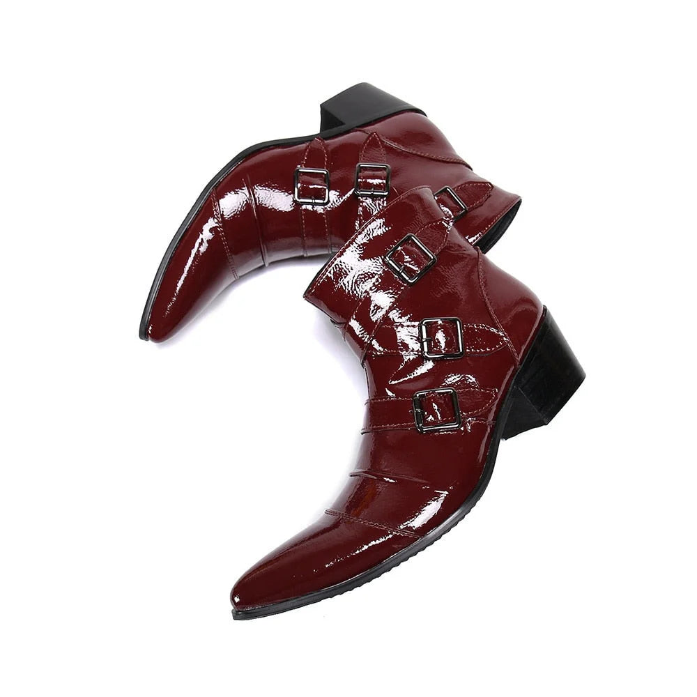 Men's Western Cowboy Wine Red Genuine Leather Motorcycle Party Ankle Boots