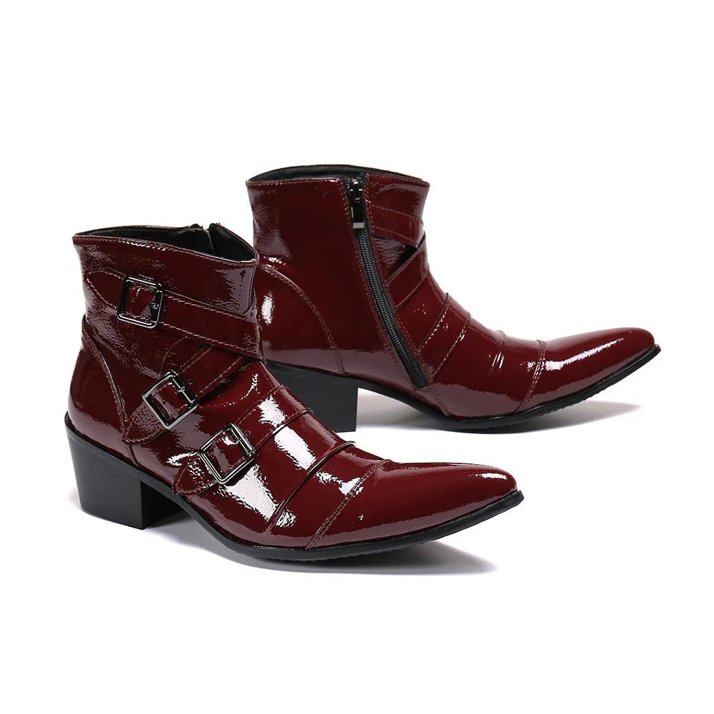 Men's Western Cowboy Wine Red Genuine Leather Motorcycle Party Ankle Boots