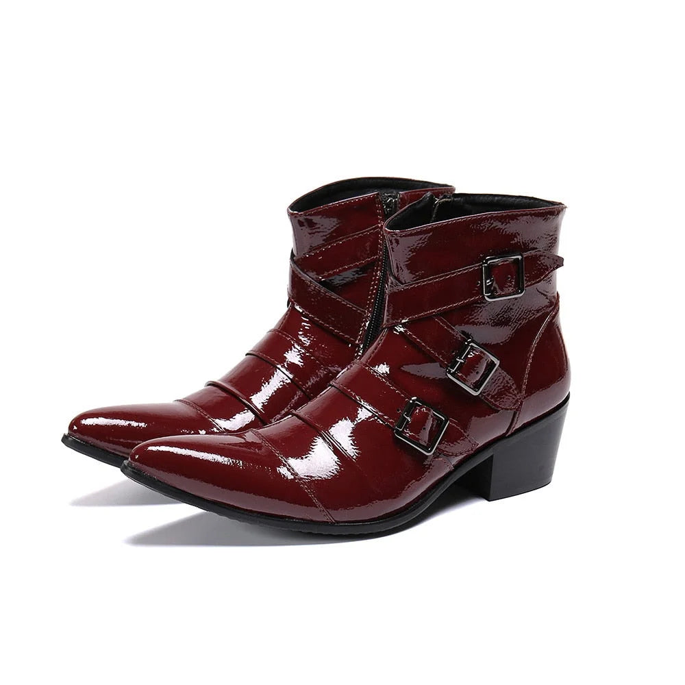 Men's Western Cowboy Wine Red Genuine Leather Motorcycle Party Ankle Boots