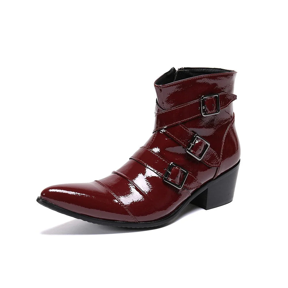 Men's Western Cowboy Wine Red Genuine Leather Motorcycle Party Ankle Boots