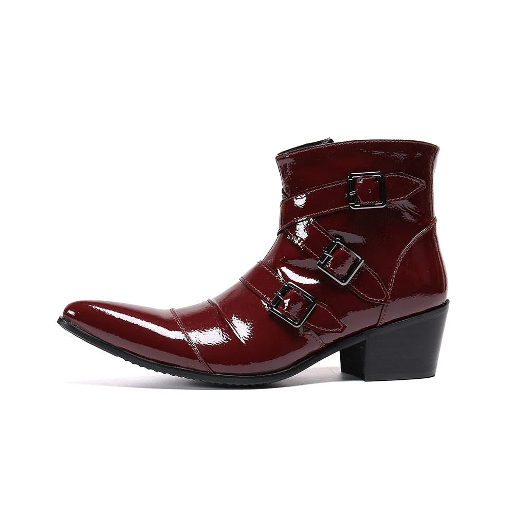 Men's Western Cowboy Wine Red Genuine Leather Motorcycle Party Ankle Boots