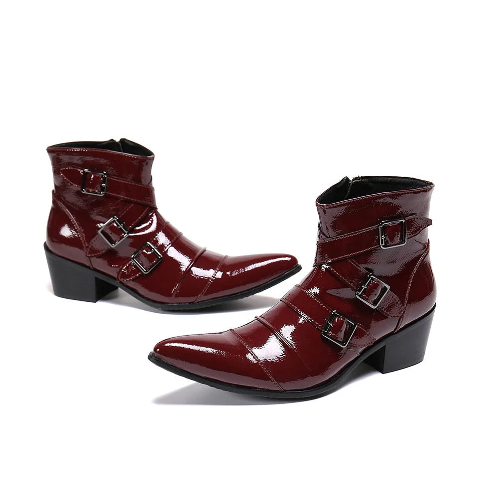 Men's Western Cowboy Wine Red Genuine Leather Motorcycle Party Ankle Boots