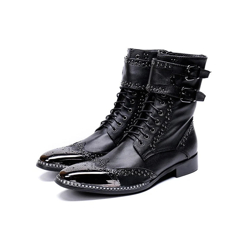 Men's Western Genuine Leather Pointed Metal Tip Knight Ankle Boots