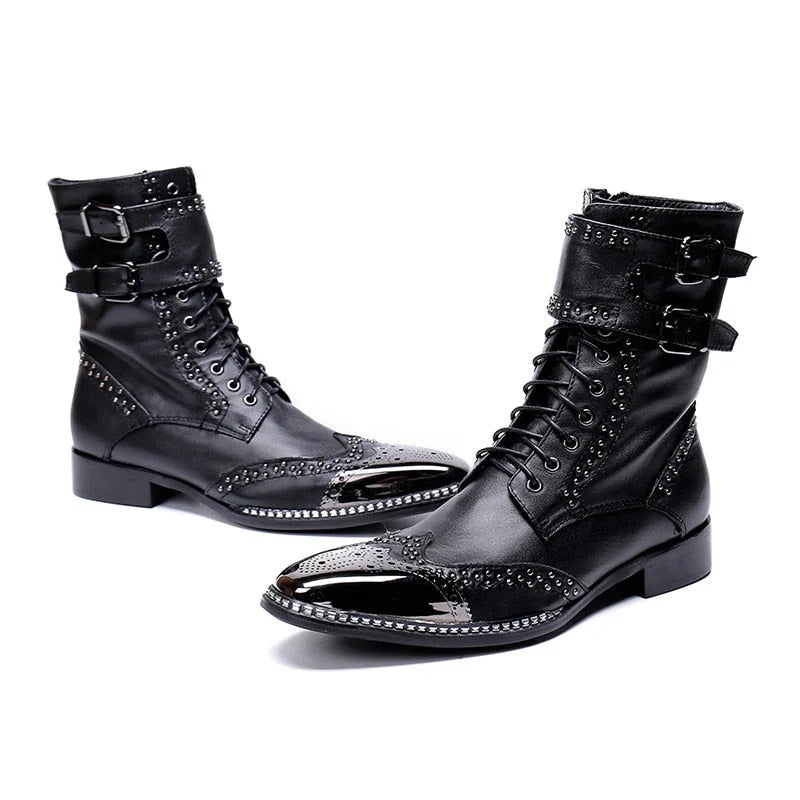 Men's Western Genuine Leather Pointed Metal Tip Knight Ankle Boots