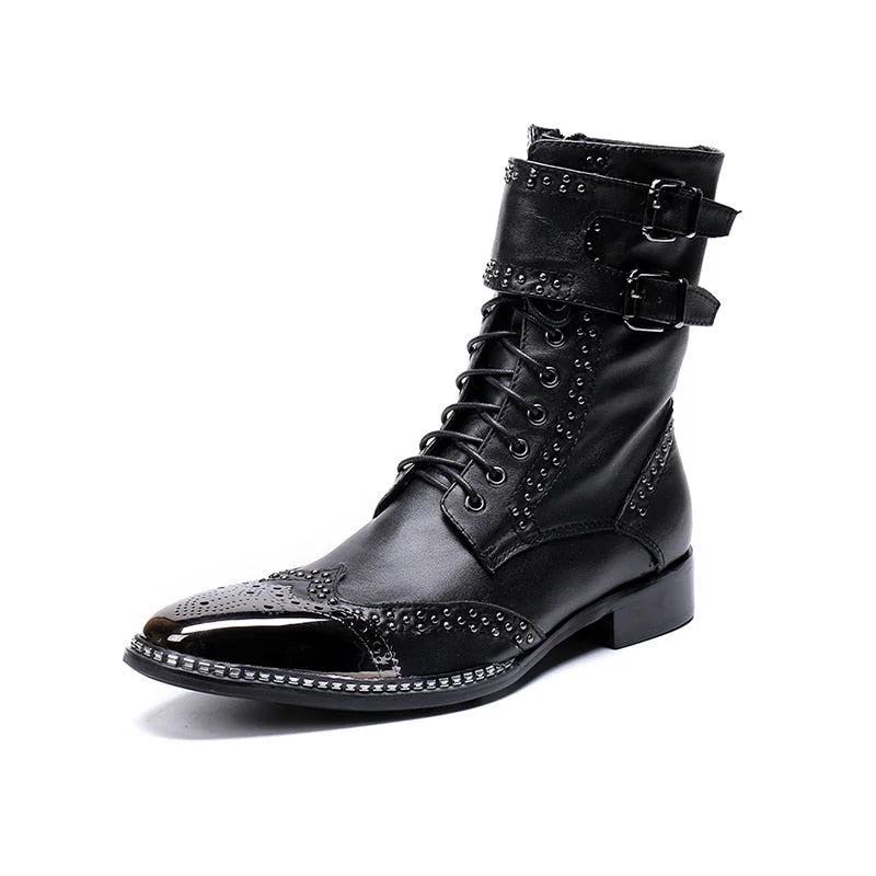 Men's Western Genuine Leather Pointed Metal Tip Knight Ankle Boots