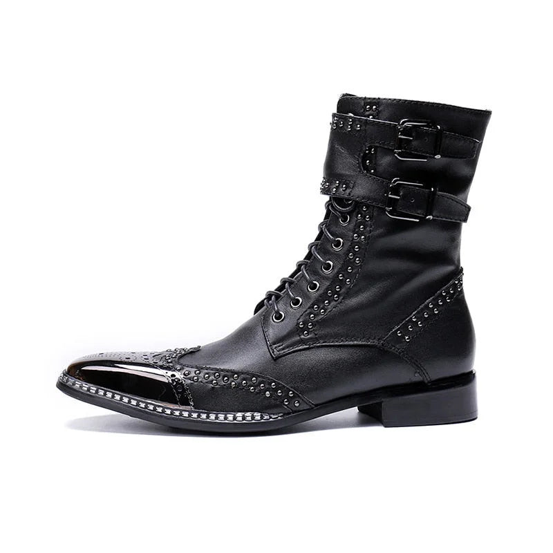 Men's Western Genuine Leather Pointed Metal Tip Knight Ankle Boots