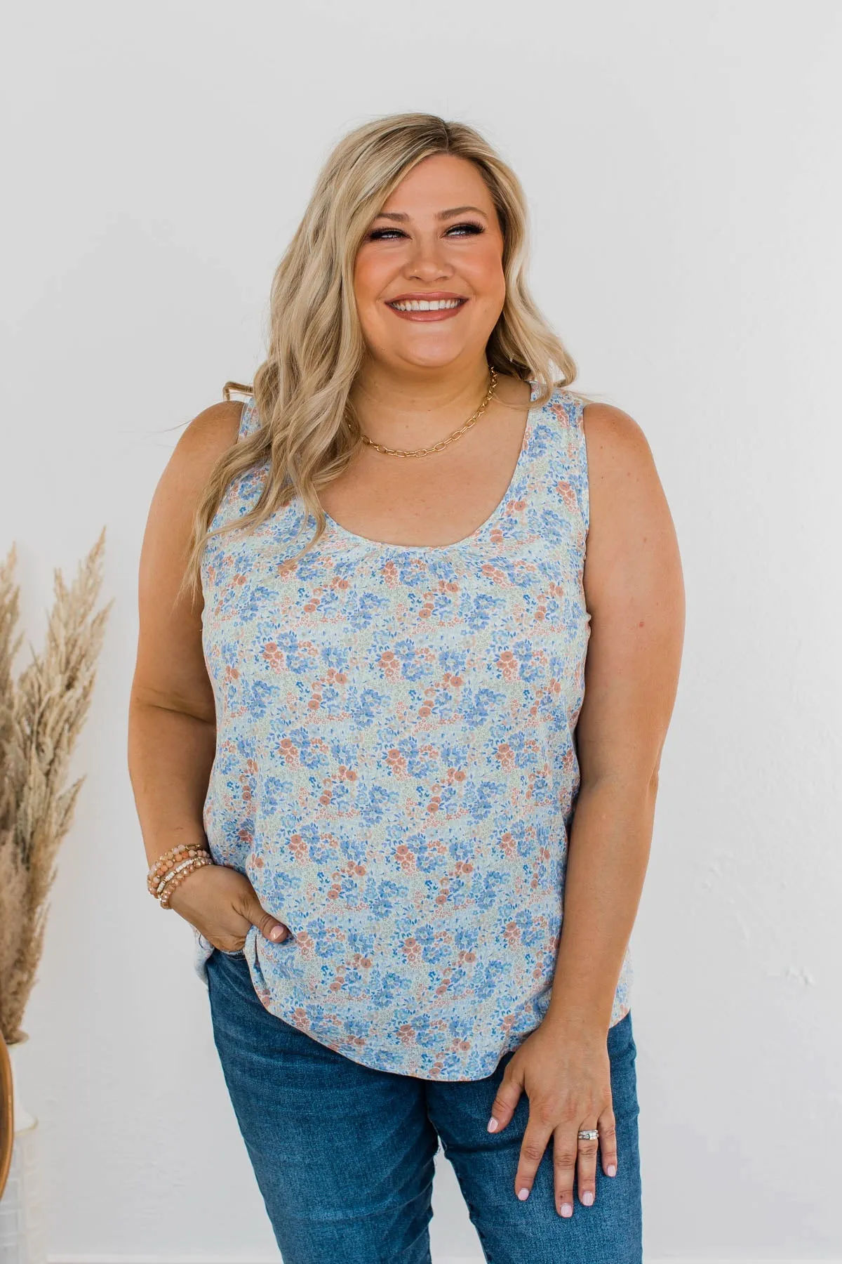 Morning Meadows Floral Tank- Blue & Coral