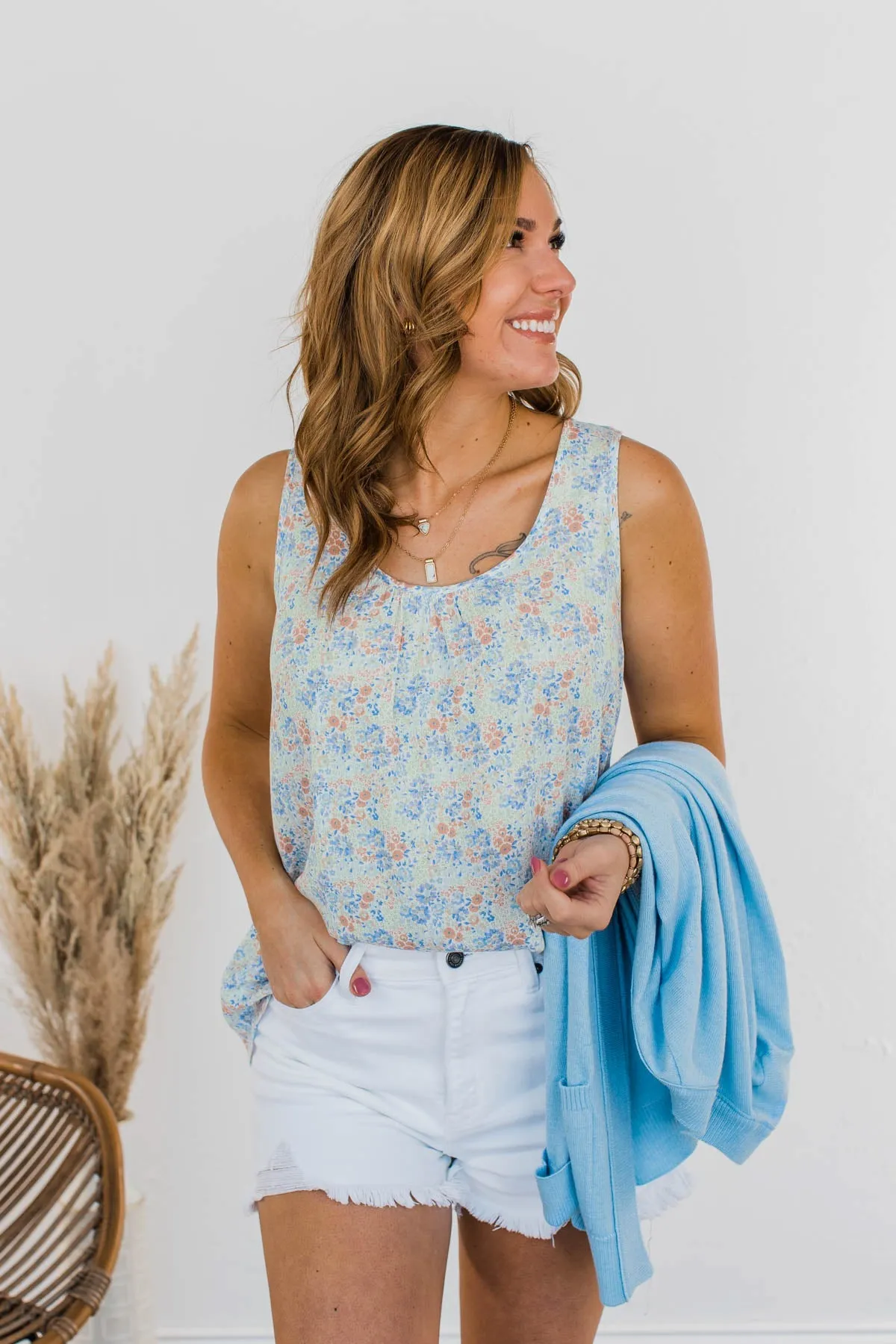 Morning Meadows Floral Tank- Blue & Coral